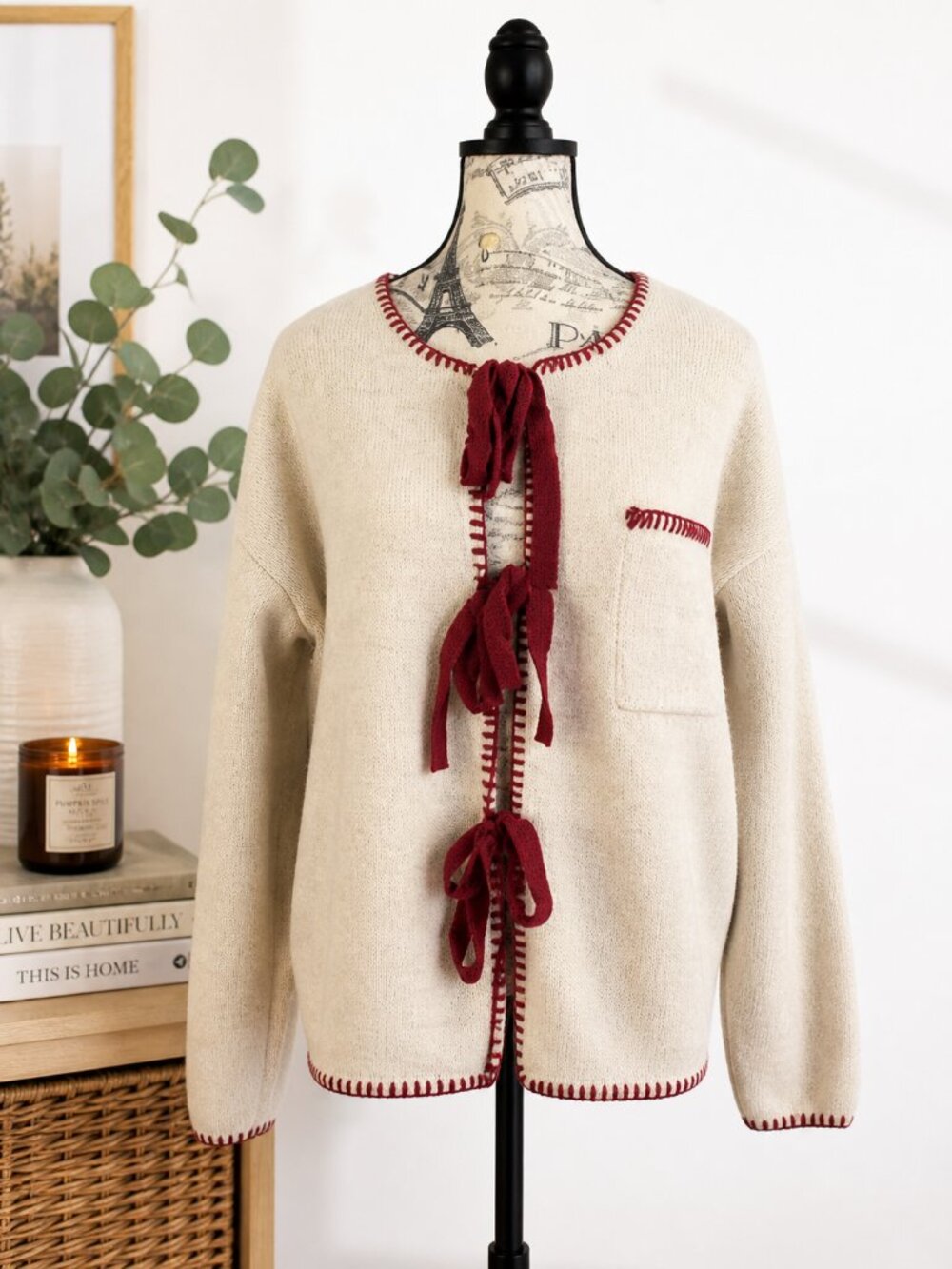 Sunday Edition Tie Front Cardigan Women Small Cream Burgundy Trim Cozy Boutique
